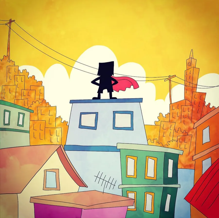 Personagem heroica infantil sobre telhado ao pôr do sol.