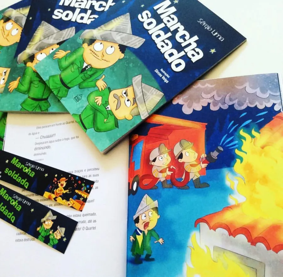 Ilustração de livro infantil com personagens fardados.