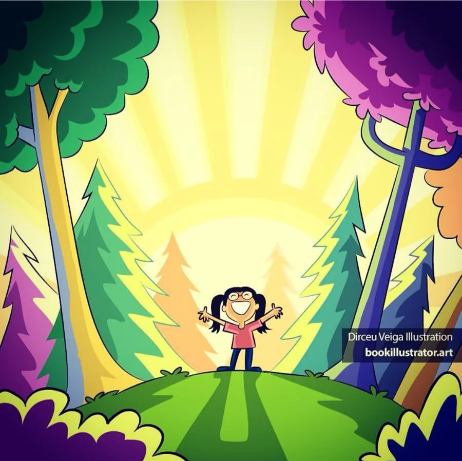 Menina em paisagem colorida com árvores e sol.
