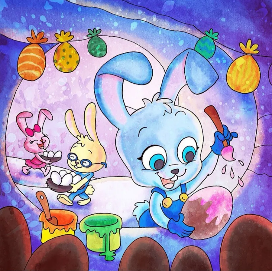 Coelhos pintando ovos em cena infantil.